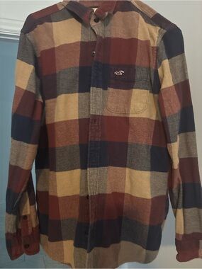 Hollister Men's Plaid Button-Down Shirt in Mustard, Navy & Maroon